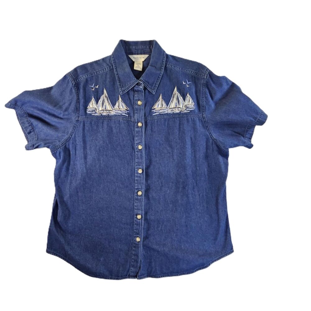 Van Heusen Blue Jean Denim Shirt with Embroidered Sailboat Scenes XL